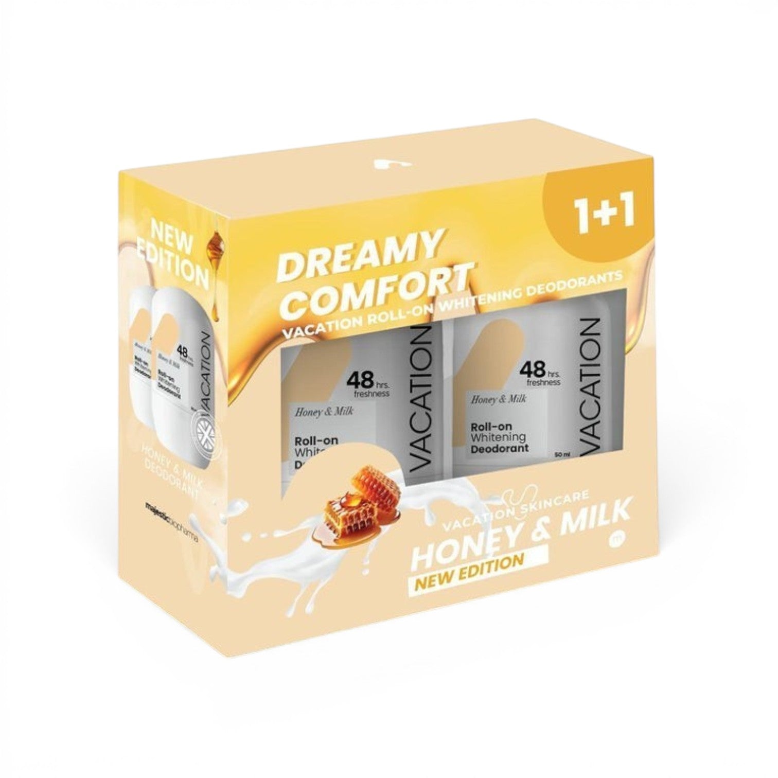 likemoon.shop Vacation Honey and Milk roll-on whitening deodorant duo set in a yellow gift box with honey imagery.