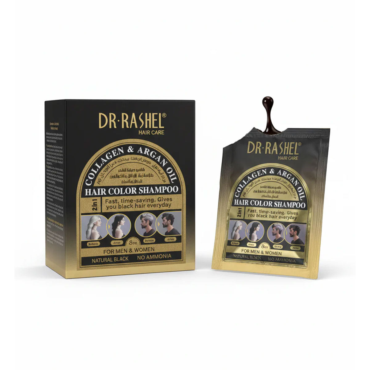 Dr.Rashel 2 in1 Collagen And Argan Oil Hair Color Shampoo (Natural black) 25 ml x 10 PCS