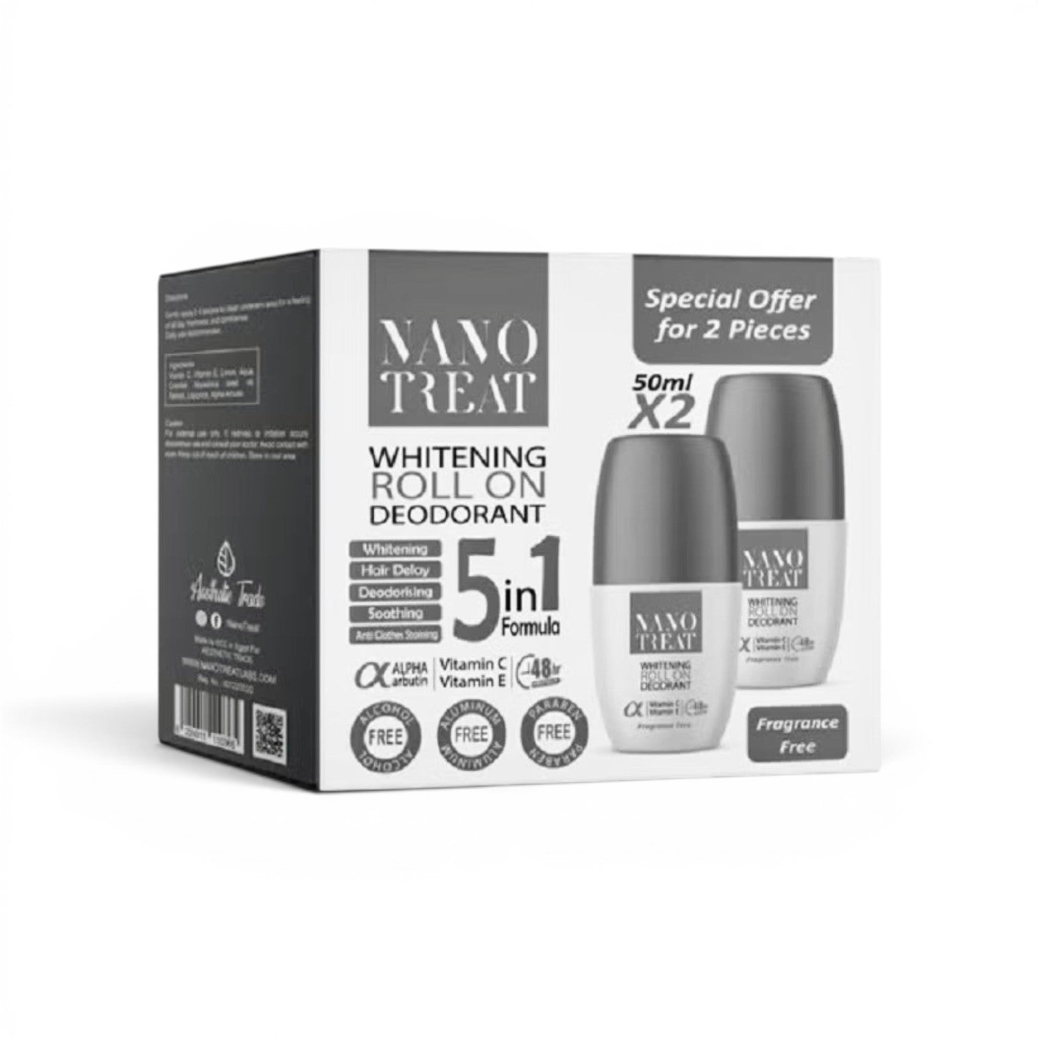 Nano Treat Whitening Roll On Fragrance Free Aluminum & Parabens Free 50 ml (1+1) Offer