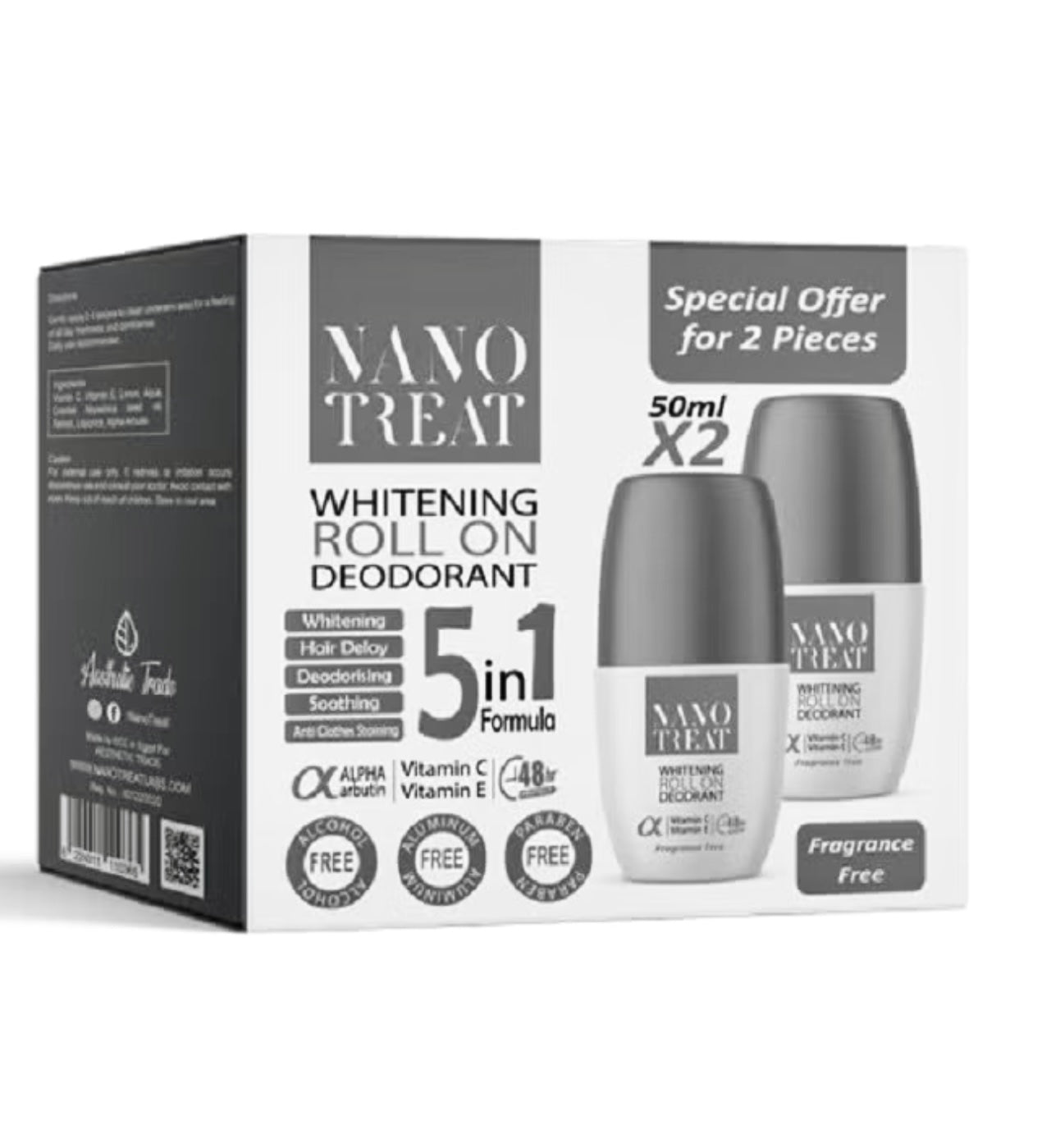Nano Treat Whitening Roll On Fragrance Free Aluminum & Parabens Free 50 ml (1+1) Offer