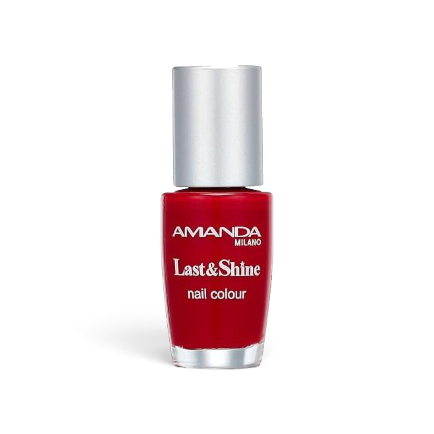 likemoon.shop Amanda Milano Last & Shine nail polish in a vibrant red shade with a glossy finish in a glass bottle.