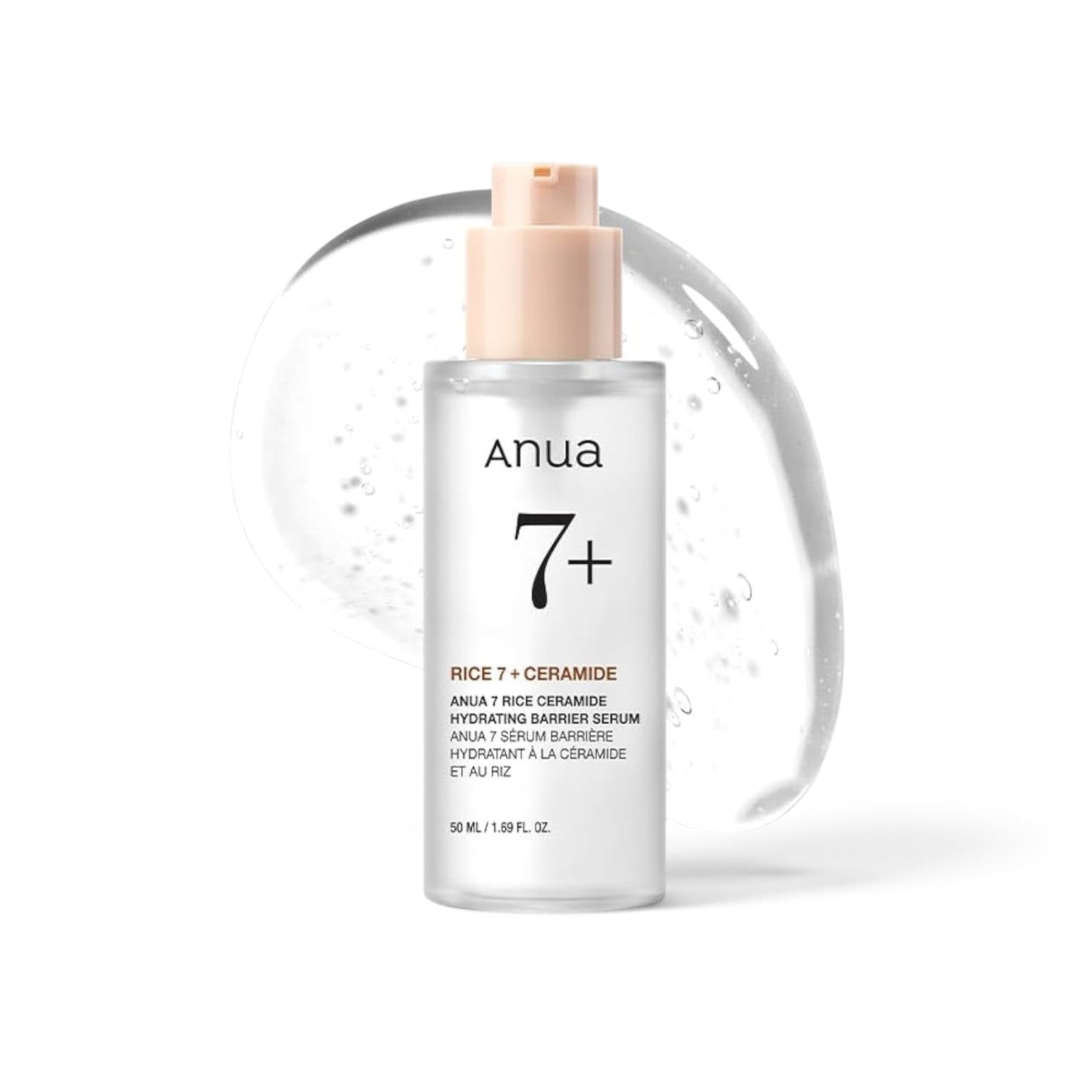 likemoon.shop ANUA 7 Rice Ceramide Hydrating Barrier Serum in a 50ml bottle with a clear gel texture background