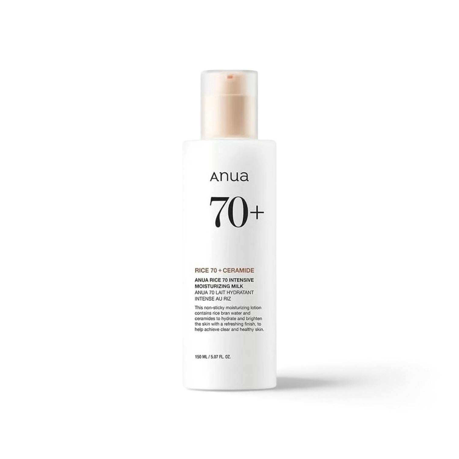 likemoon.shop ANUA Rice 70 Intensive Moisturizing Milk in a white pump bottle with minimalist black text