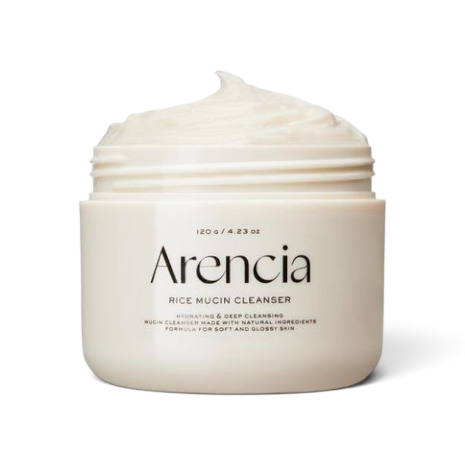 likemoon.shop Arencia Rice Mucin Cleanser in a white jar with a creamy textured product scoop on top