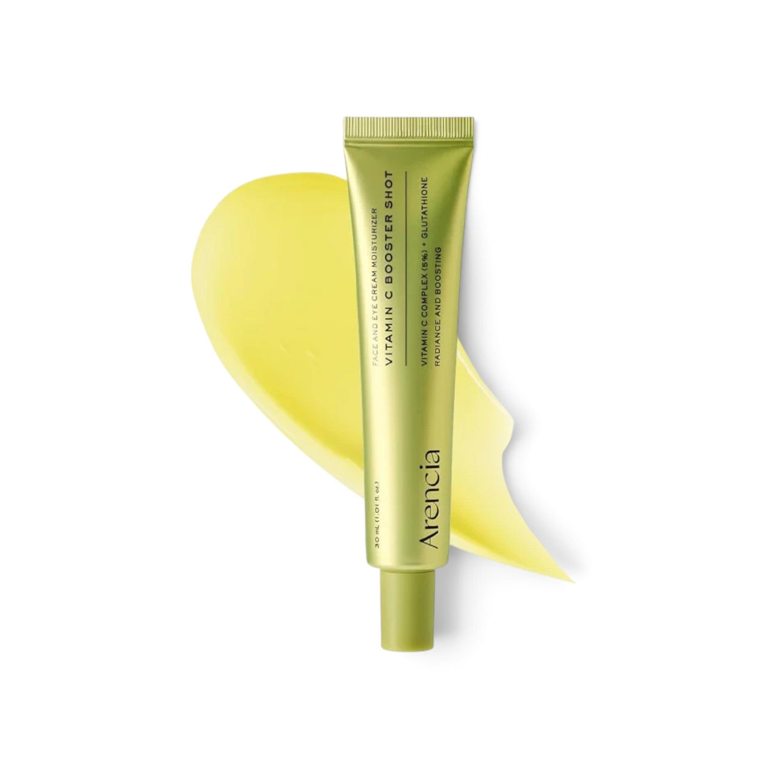 likemoon.shop Arencia Vitamin C Booster Shot face and eye cream in a green tube with a yellow cream swatch
