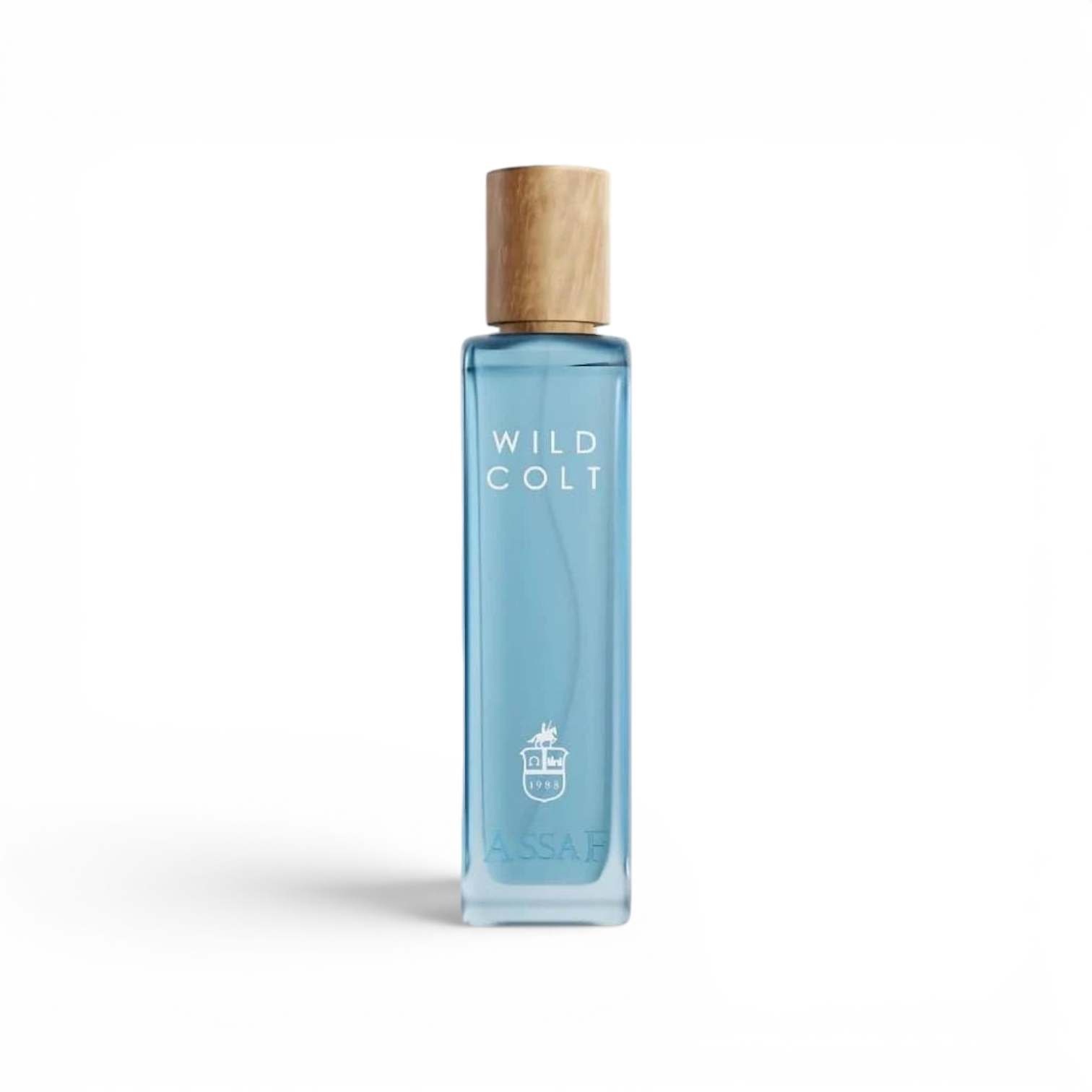 likemoon.shop ASSAF Wild Colt 200ml fragrance in a tall blue glass bottle with a wooden cap