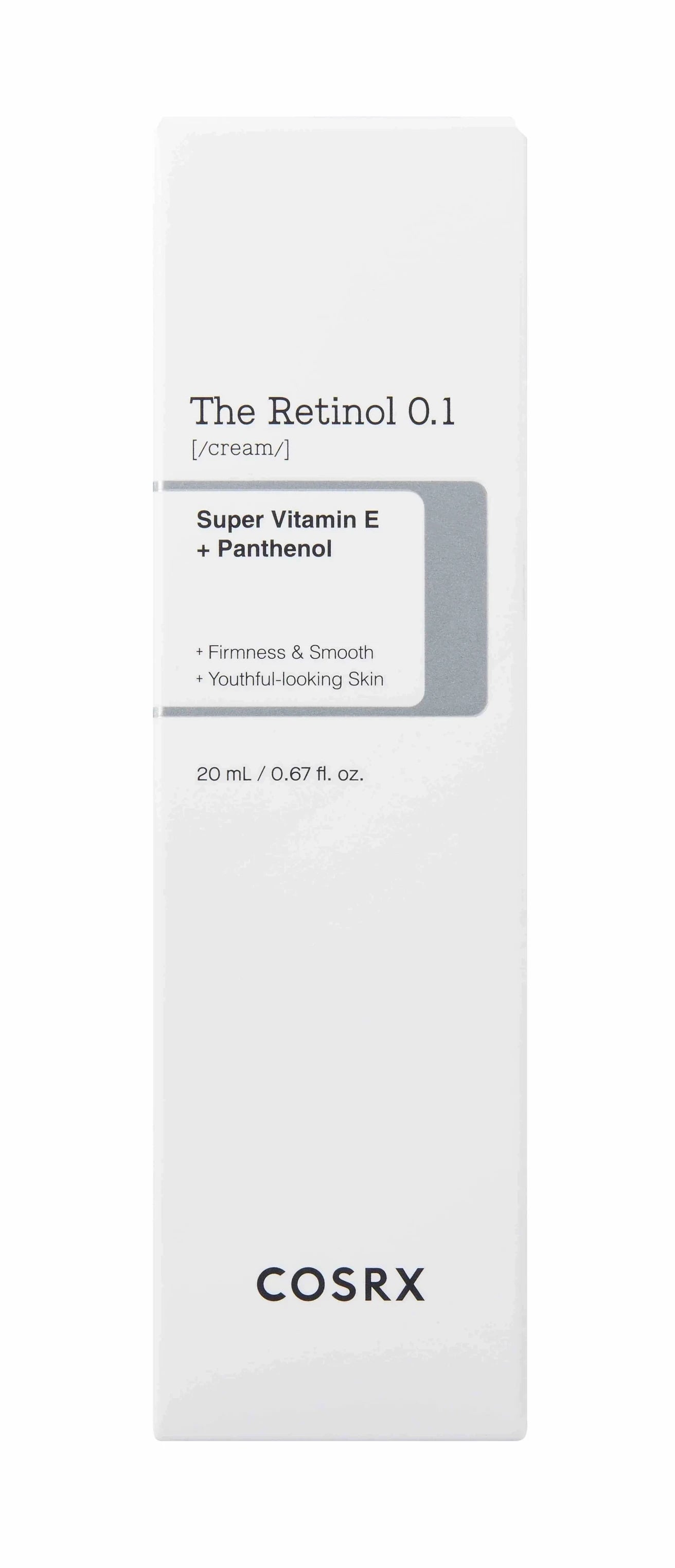likemoon.shop COSRX The Retinol 0.1 facial cream treatment box featuring Super Vitamin E and Panthenol ingredients.