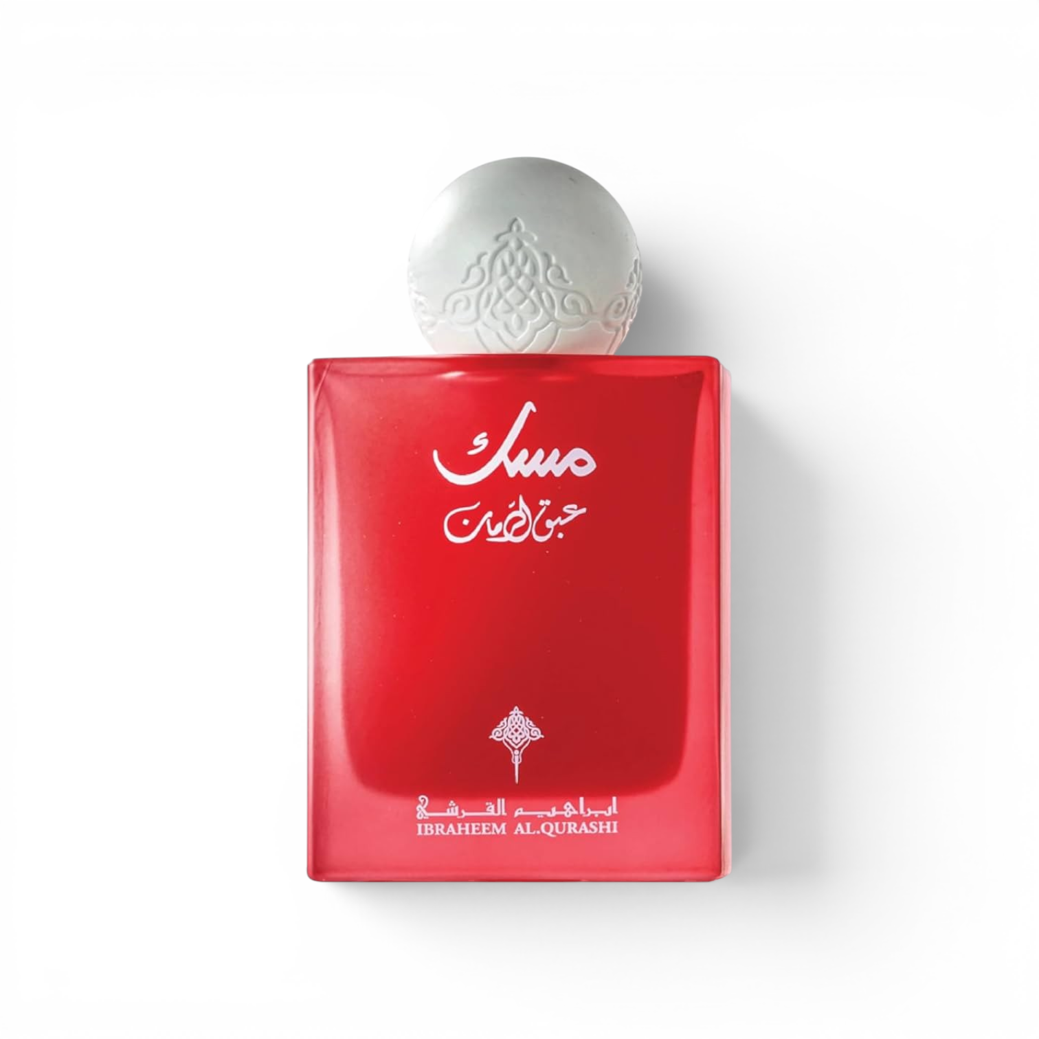 likemoon.shop IBRAQ ABAQ POMEGRANATE MUSK perfume in a vibrant red rectangular bottle with a white ornate cap.