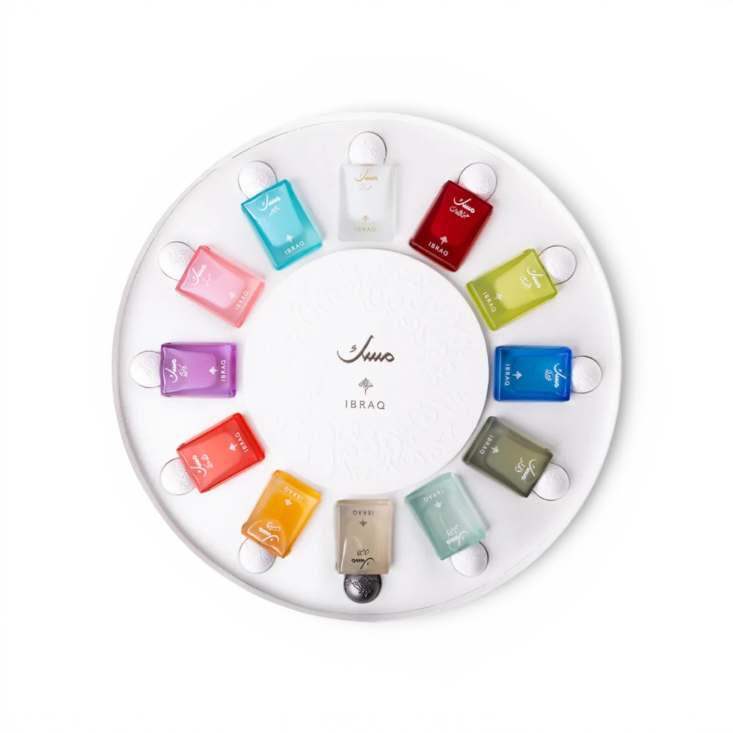 likemoon.shop IBRAQ Musk Collection featuring 12 vibrant 20ml eau de parfum glass bottles in a circular white gift box.