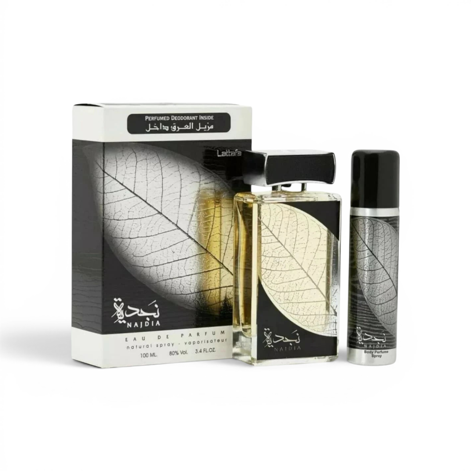 likemoon.shop Lattafa Najdia gift set featuring a 100ml eau de parfum bottle, body spray, and decorative box.
