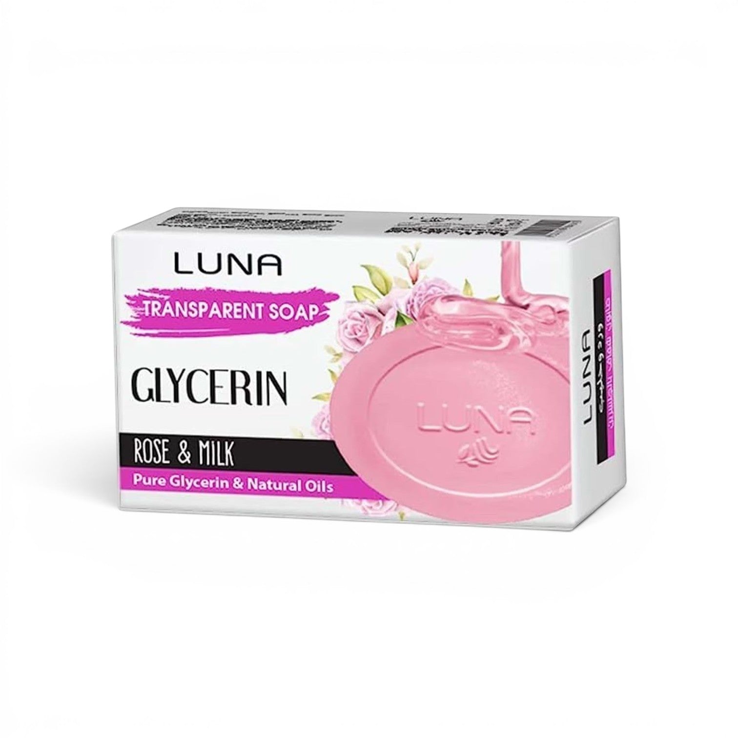 likemoon.shop LUNA Glycerin Rose and Milk transparent soap bar in white and pink packaging with floral design