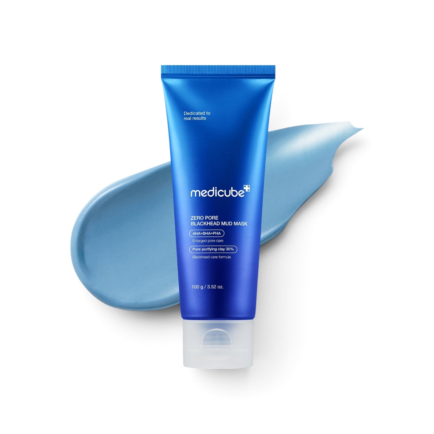 likemoon.shop Medicube Zero Pore Blackhead MUD Mask in a blue tube with a smear of light blue clay mask texture