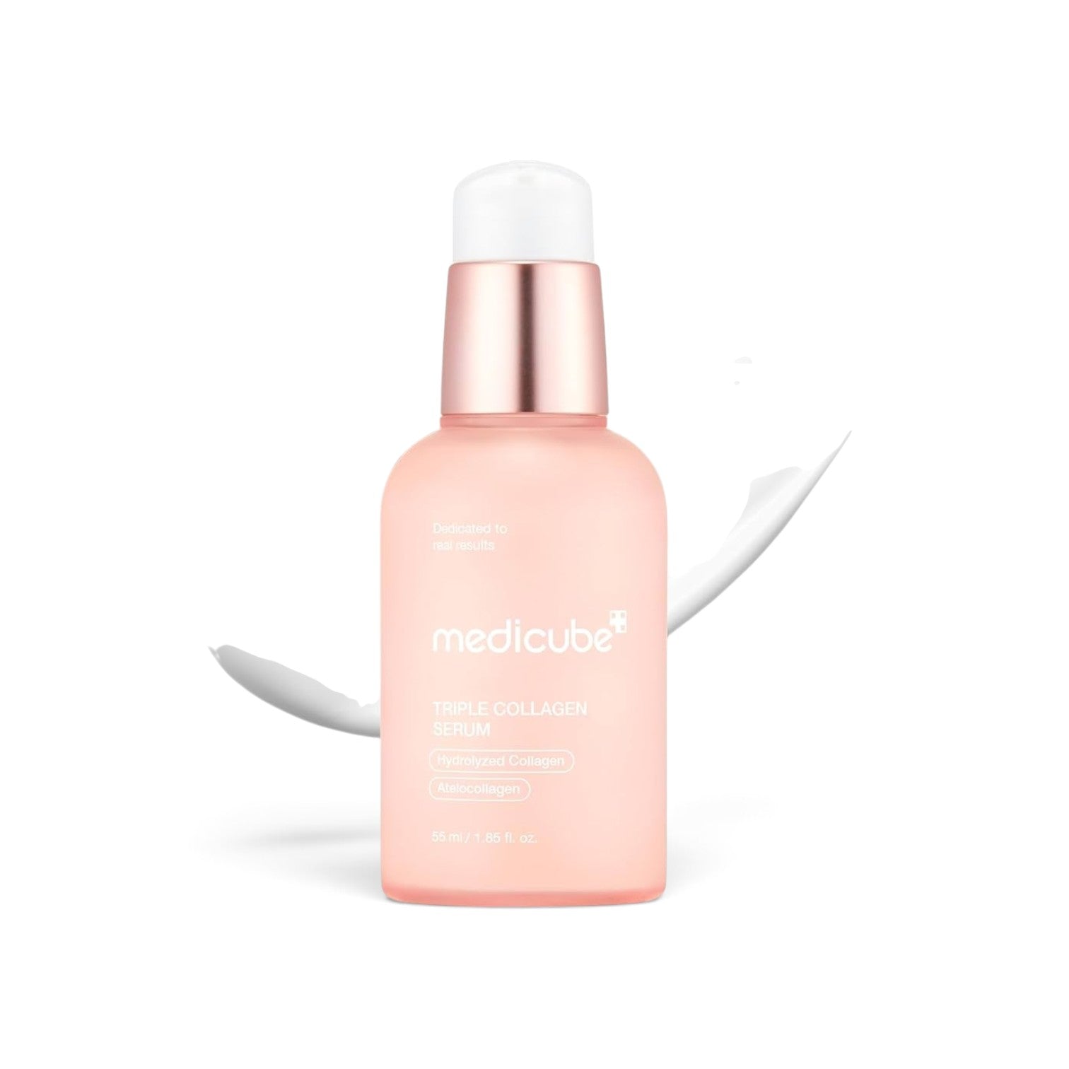 likemoon.shop MEDICUBE Triple Collagen Serum 4.0 in a 55ml pink bottle with a pump dispenser and cream texture swatch