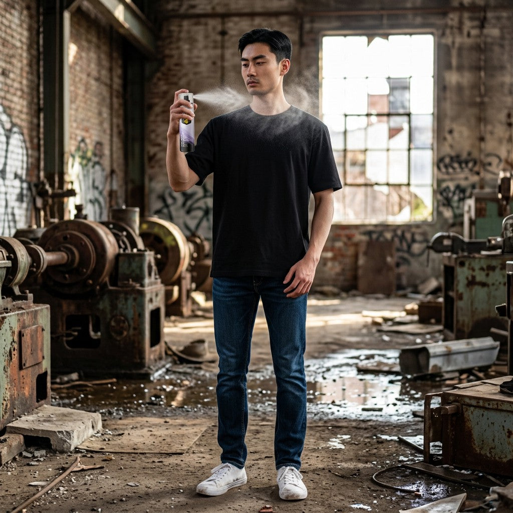 likemoon.shop MR. BEARD Fresh Power body spray misting on a man in a black t-shirt inside an industrial warehouse