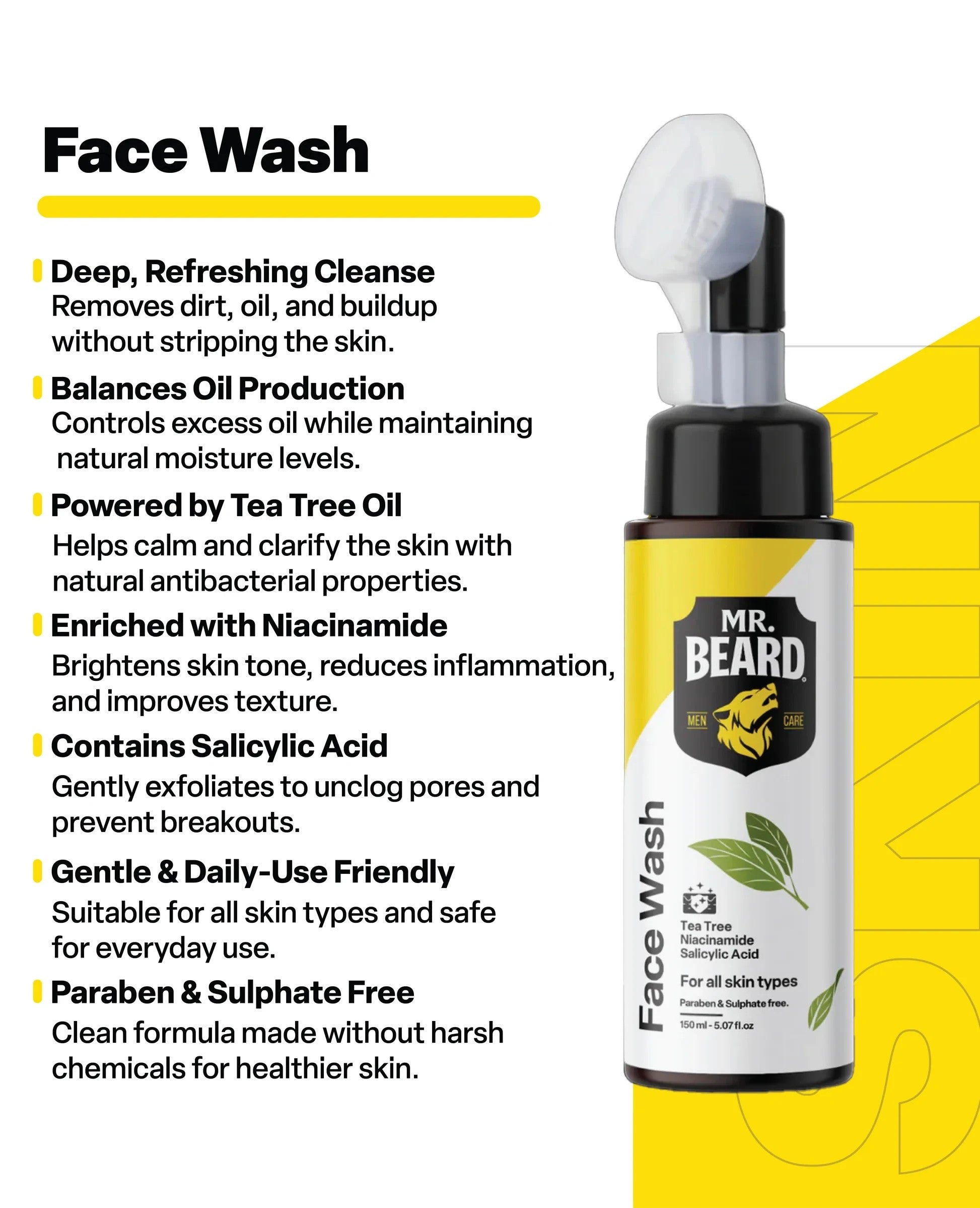 likemoon.shop Mr. Beard face wash with tea tree oil, niacinamide, and salicylic acid in a pump bottle