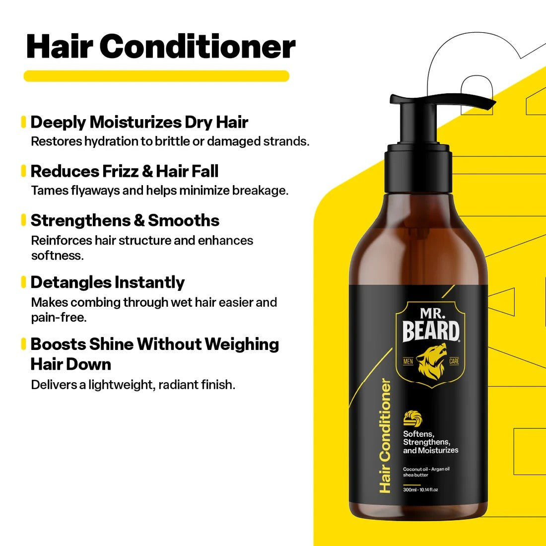 likemoon.shop Mr. Beard hair conditioner bottle with pump, featuring coconut and argan oil for smooth, shiny hair