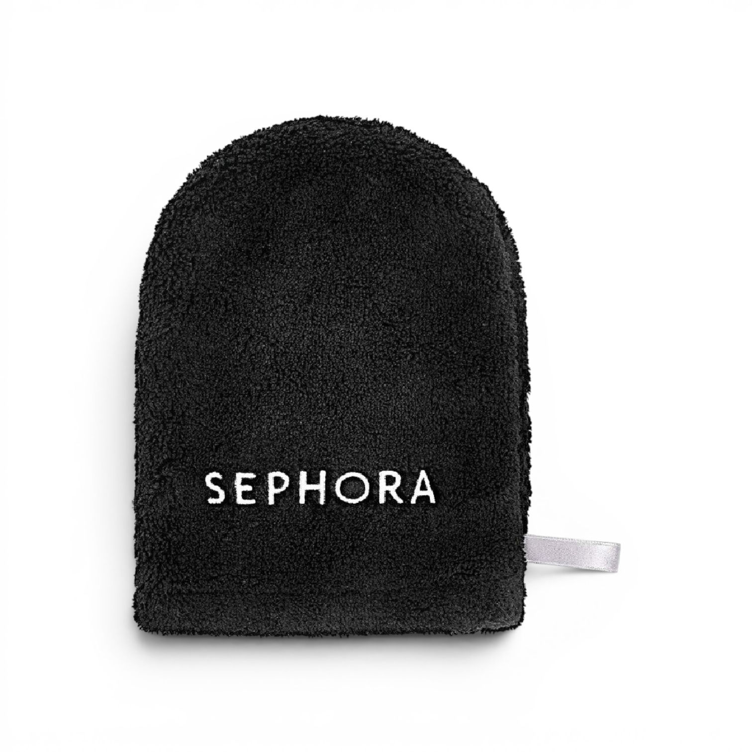 likemoon.shop SEPHORA black microfiber water cleansing glove with white embroidered logo and side hanging loop