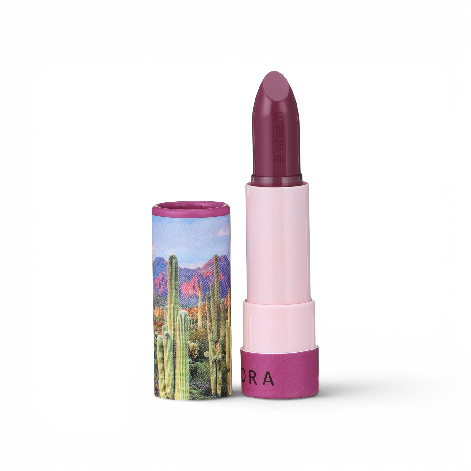likemoon.shop SEPHORA Lipstories Desert lipstick in a deep plum shade with a desert cactus print on the tube