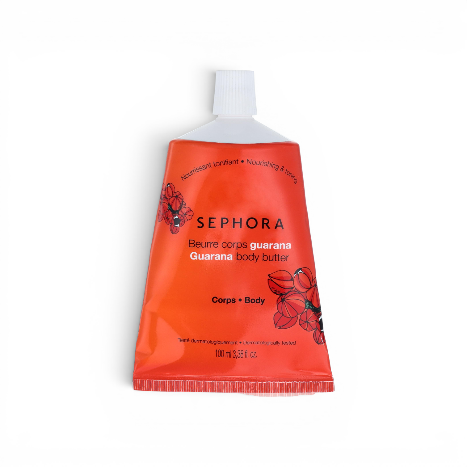 likemoon.shop SEPHORA Guarana body butter in a 100ml orange squeeze tube with floral illustrations