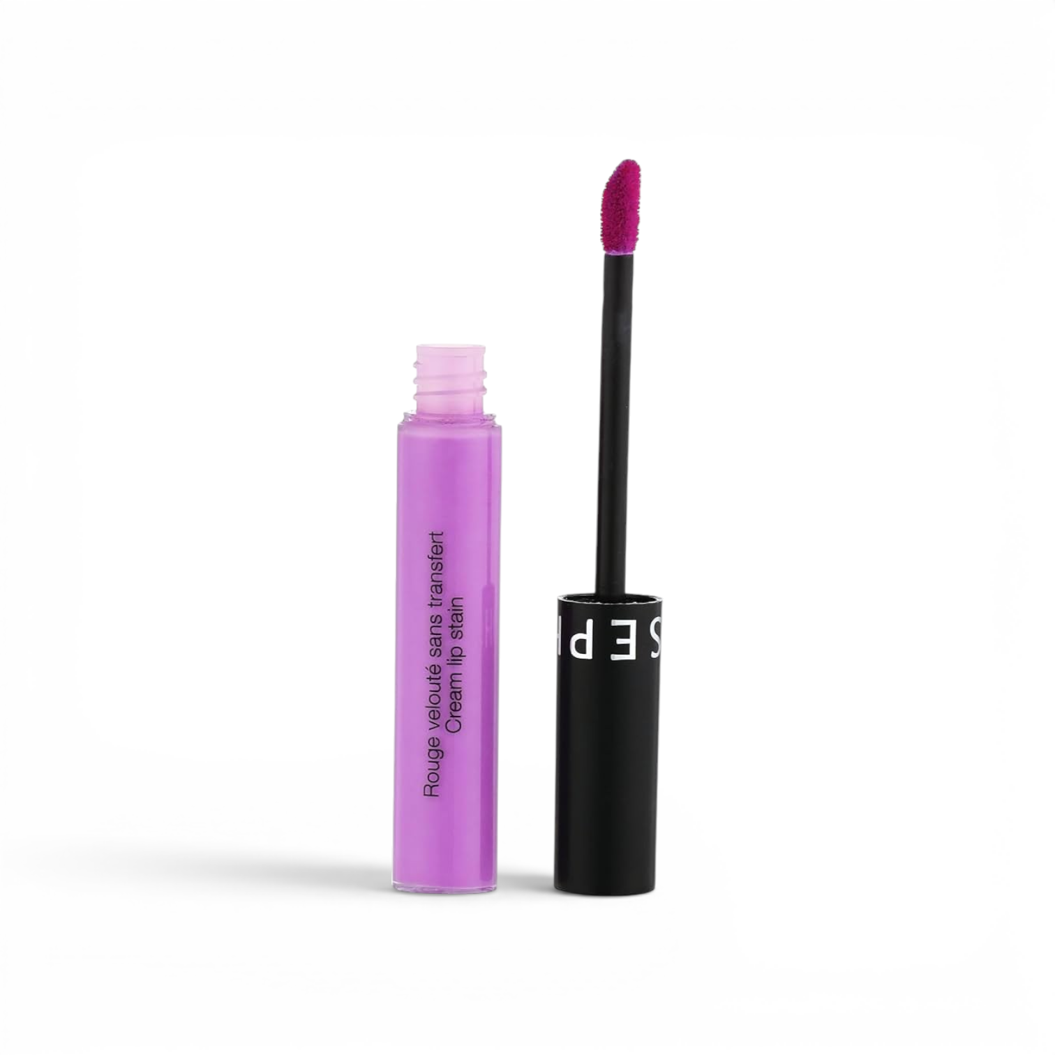 likemoon.shop SEPHORA cream lip stain in vibrant purple shade with applicator wand on white background