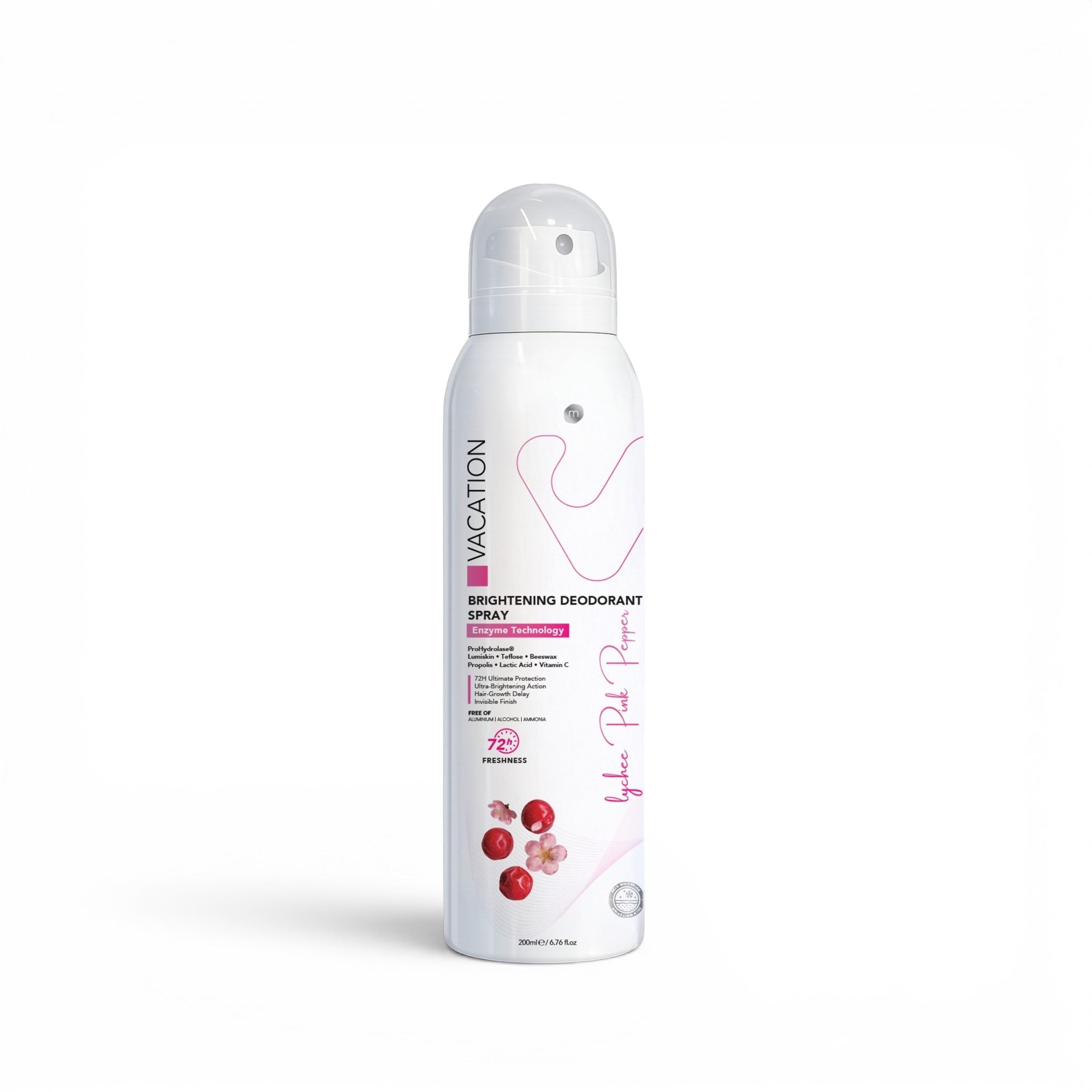 likemoon.shop Vacation Brightening Deodorant Spray in Lychee Pink Pepper scent, a 200ml bottle with enzyme technology.