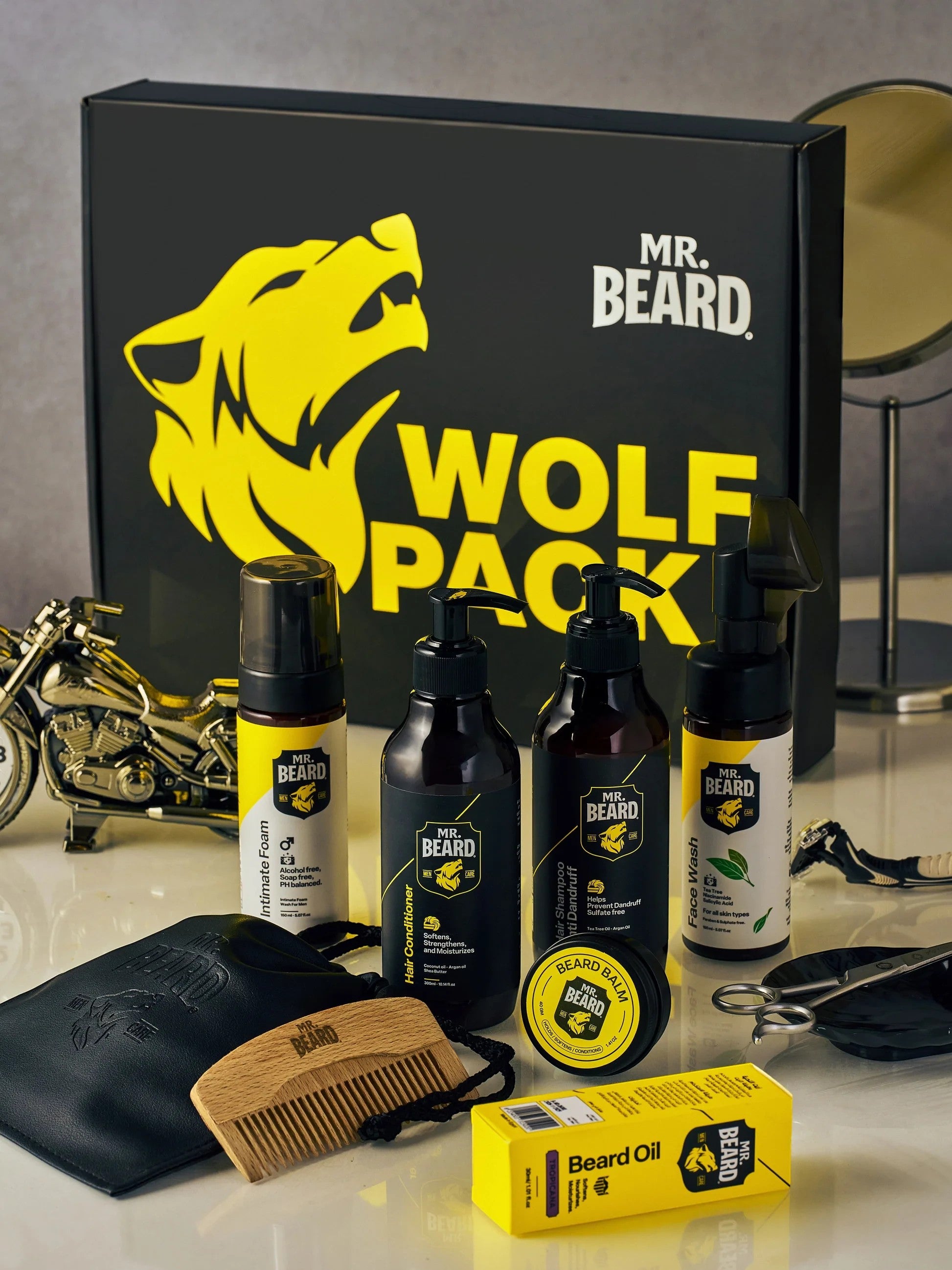 likemoon.shop The Wolf Pack Kit grooming set featuring beard oil, balm, shampoo, conditioner, and face wash in a box.