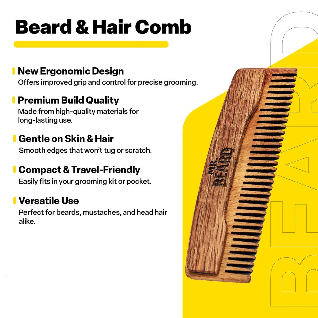 likemoon.shop wooden beard and hair comb with ergonomic design for grooming, featuring smooth edges and compact size.