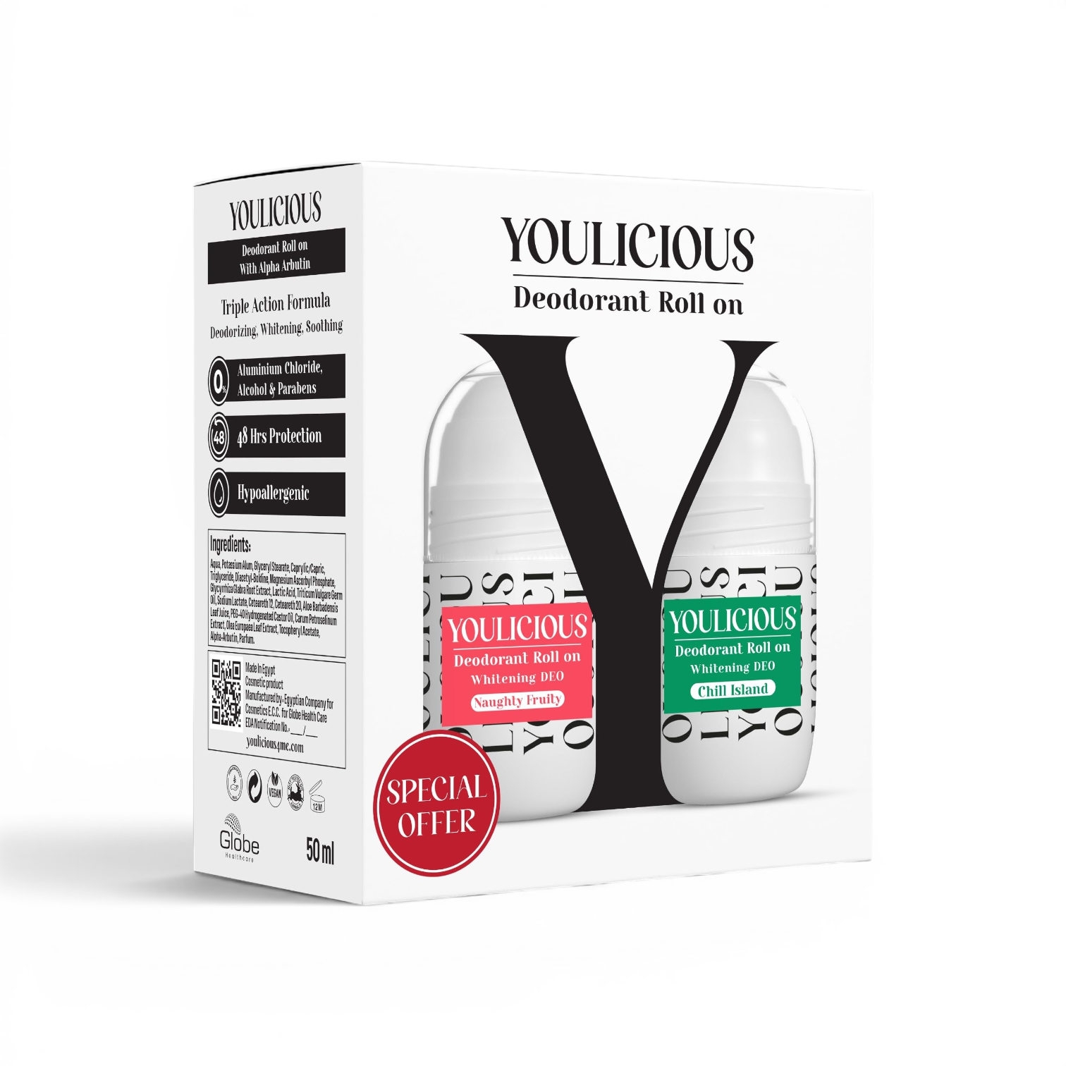 likemoon.shop Youlicious deodorant roll-on promo pack featuring Naughty Fruity and Chill Island scents in white box