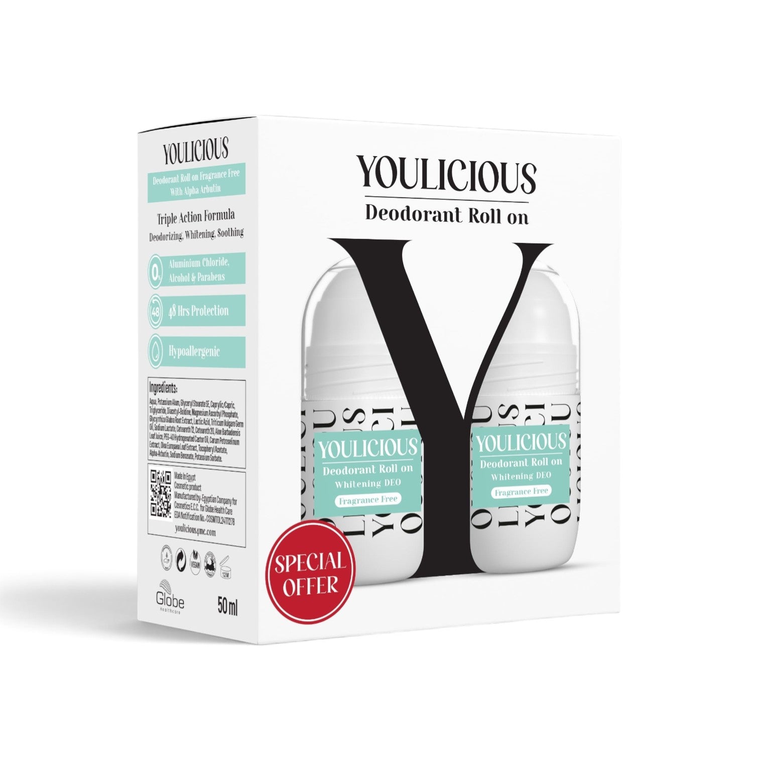 likemoon.shop Youlicious whitening deodorant roll-on promo pack containing two fragrance-free 50ml bottles in a box.